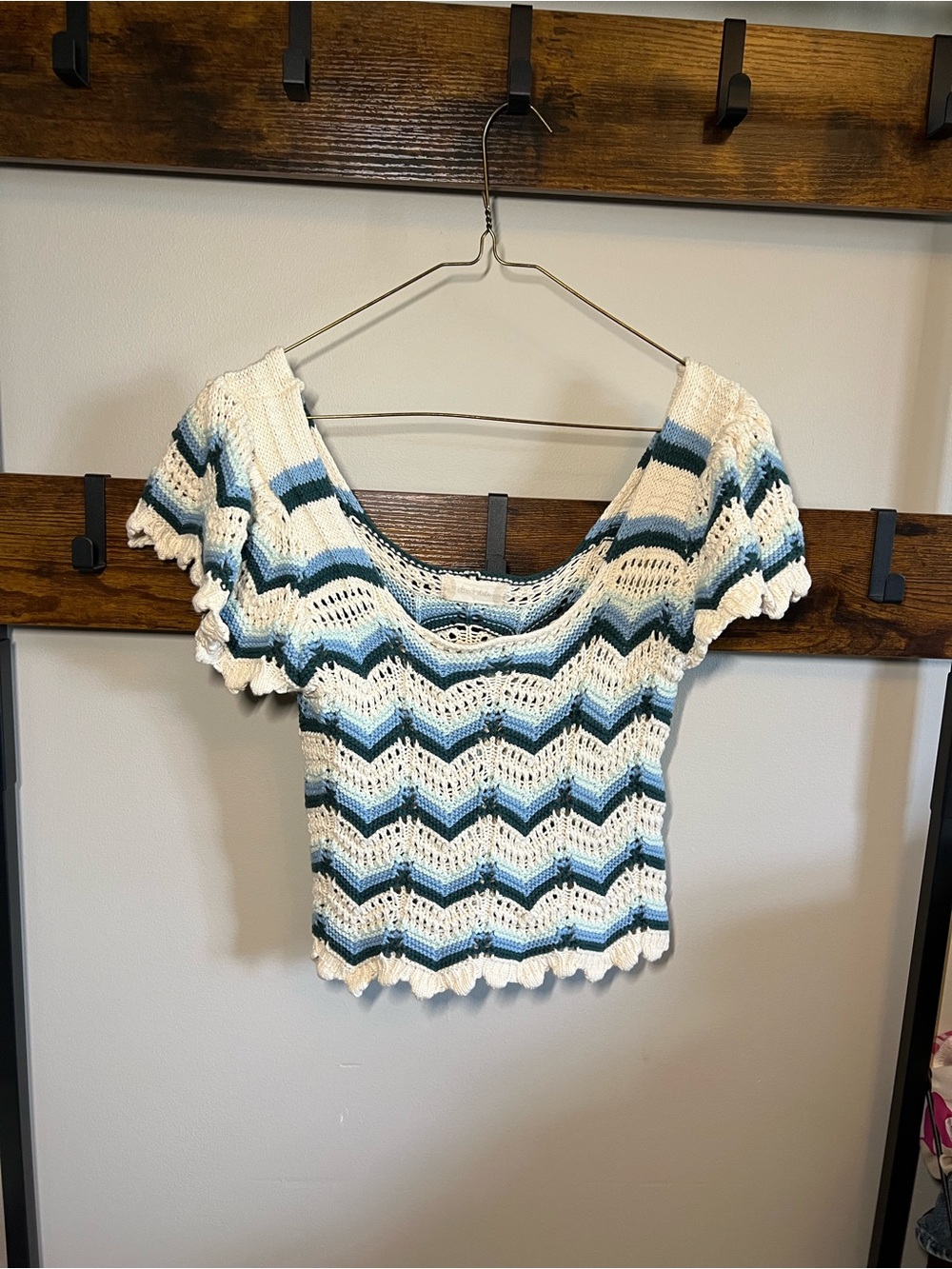 Altar'd State White, Blue & Teal Crocheted Chevron Tank Top
